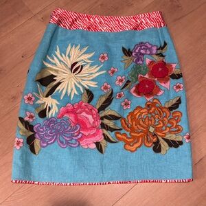 Etcetera Linen rayon Floral Embroidered turquoise blue Skirt sz 2 lined zipper